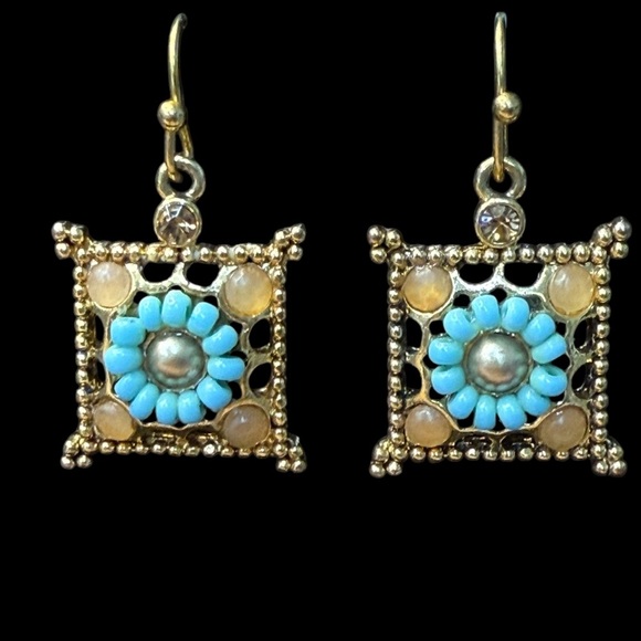 Vintage Carolee Square Gold Tone Turquoise Rhinestone Amber Beaded Earrings - Picture 6 of 9